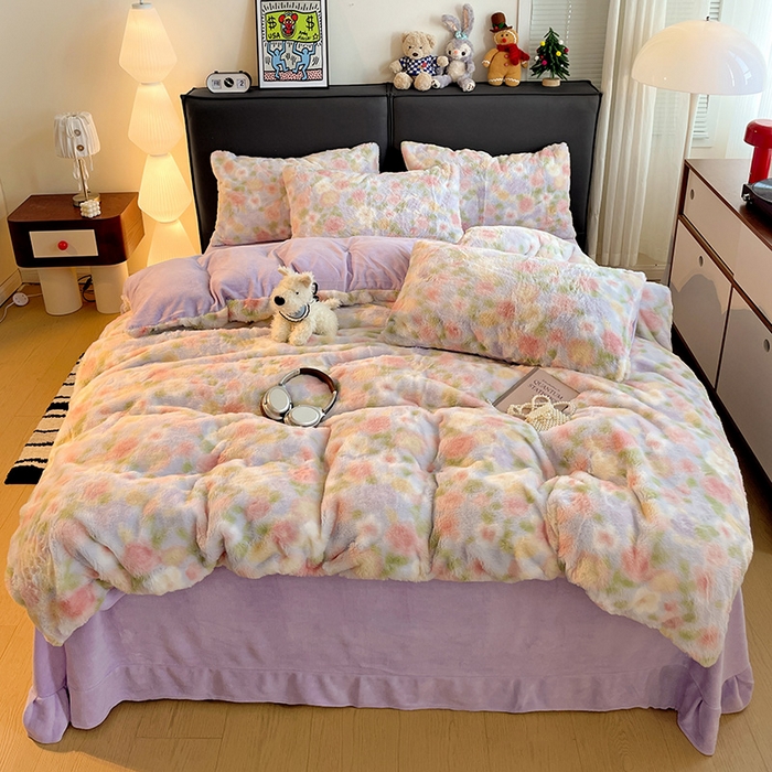 91家纺网 家纺一手货源 找家纺 金梦拉 2025直播爆款A类加厚兔绒印花系列四件套 芋泥紫