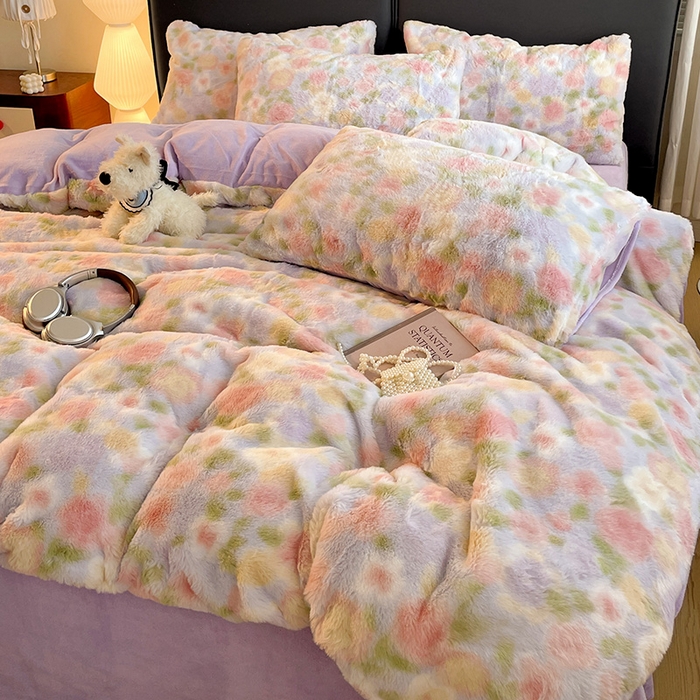 91家纺网 家纺一手货源 找家纺 金梦拉 2025直播爆款A类加厚兔绒印花系列四件套 芋泥紫