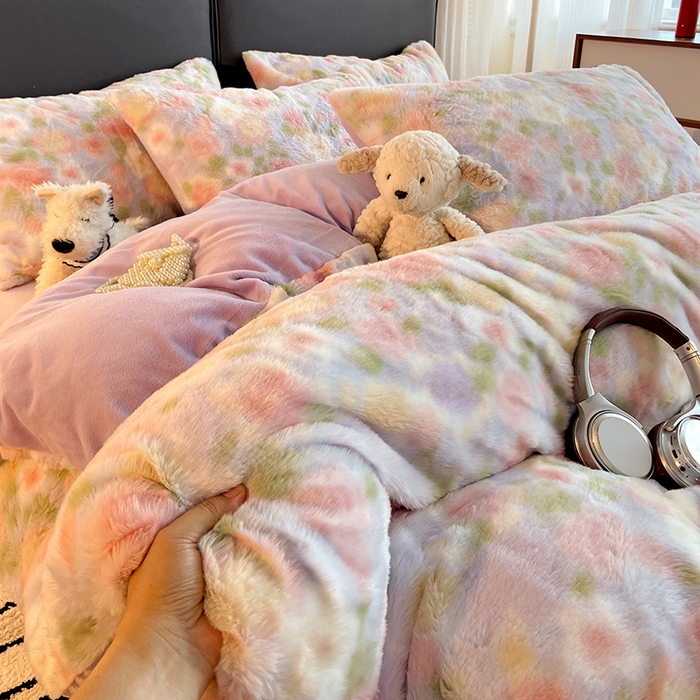 91家纺网 家纺一手货源 找家纺 金梦拉 2025直播爆款A类加厚兔绒印花系列四件套 芋泥紫