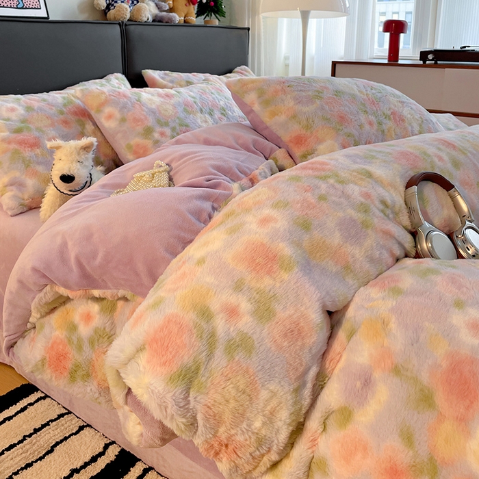 金梦拉 2025直播爆款A类加厚兔绒印花系列四件套 芋泥紫