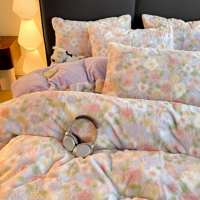 91家纺网 家纺一手货源 找家纺 金梦拉 2025直播爆款A类加厚兔绒印花系列四件套 芋泥紫