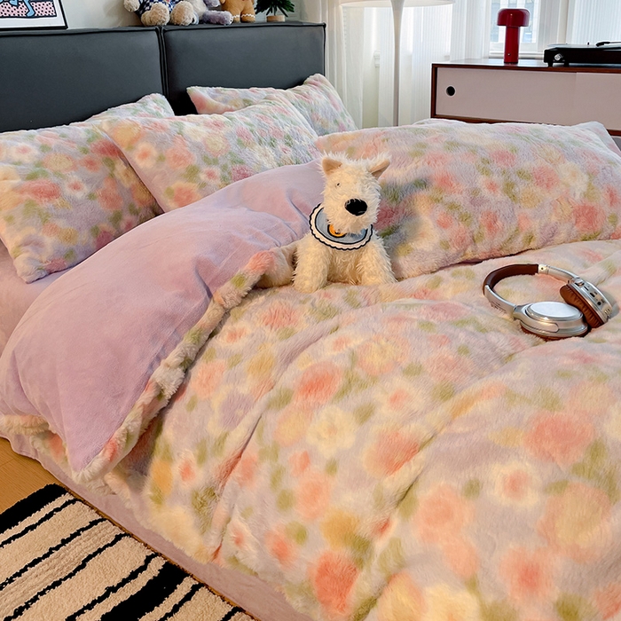 91家纺网 家纺一手货源 找家纺 金梦拉 2025直播爆款A类加厚兔绒印花系列四件套 芋泥紫