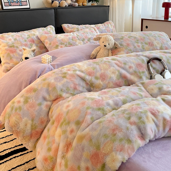 91家纺网 家纺一手货源 找家纺 金梦拉 2025直播爆款A类加厚兔绒印花系列四件套 芋泥紫