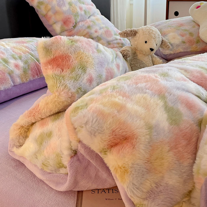 91家纺网 家纺一手货源 找家纺 金梦拉 2025直播爆款A类加厚兔绒印花系列四件套 芋泥紫