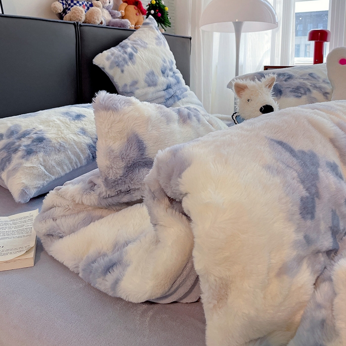 91家纺网 家纺一手货源 找家纺 金梦拉 2025直播爆款A类加厚兔绒印花系列四件套 云水蓝