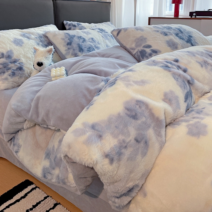 金梦拉 2025直播爆款A类加厚兔绒印花系列四件套 云水蓝