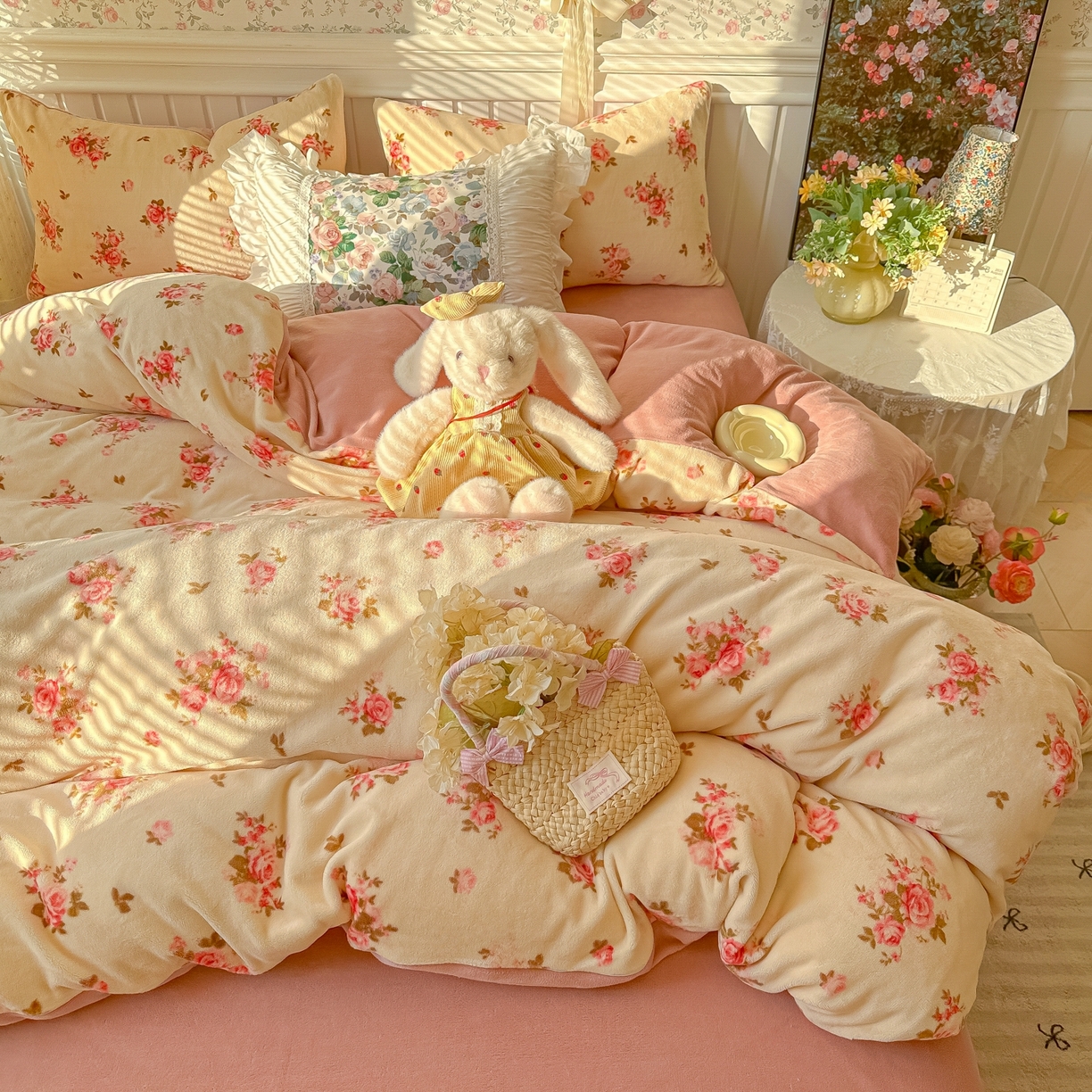 91家纺网 家纺一手货源 找家纺 韩巢家纺 2025新款高克重印花牛奶绒床品四件套 花仙子