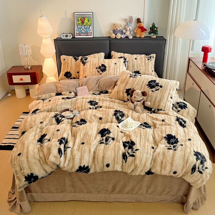 91家纺网 家纺一手货源 找家纺 金梦拉 2025直播爆款A类加厚兔绒印花系列四件套 绽放