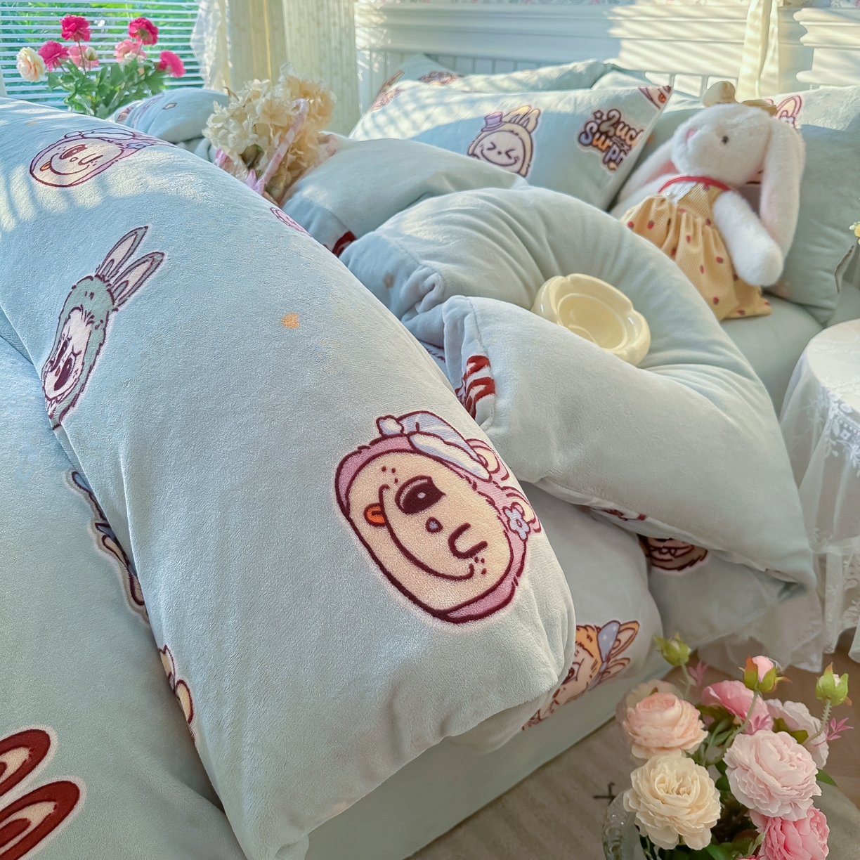 韩巢家纺 2025新款高克重印花牛奶绒床品四件套 拉布布