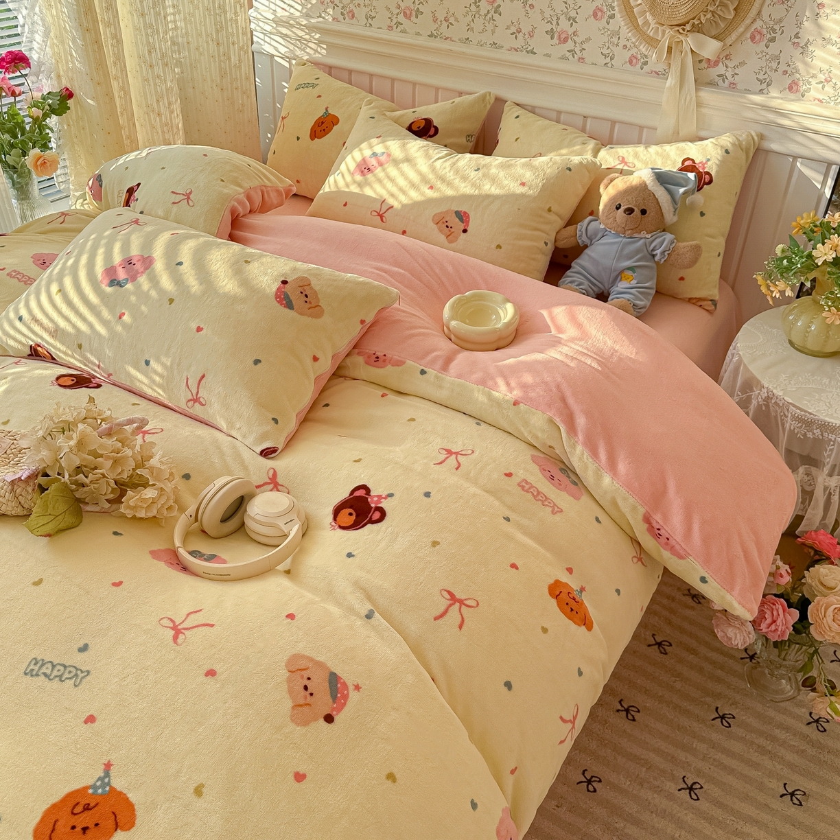 91家纺网 家纺一手货源 找家纺 韩巢家纺 2025新款高克重印花牛奶绒床品四件套 美梦