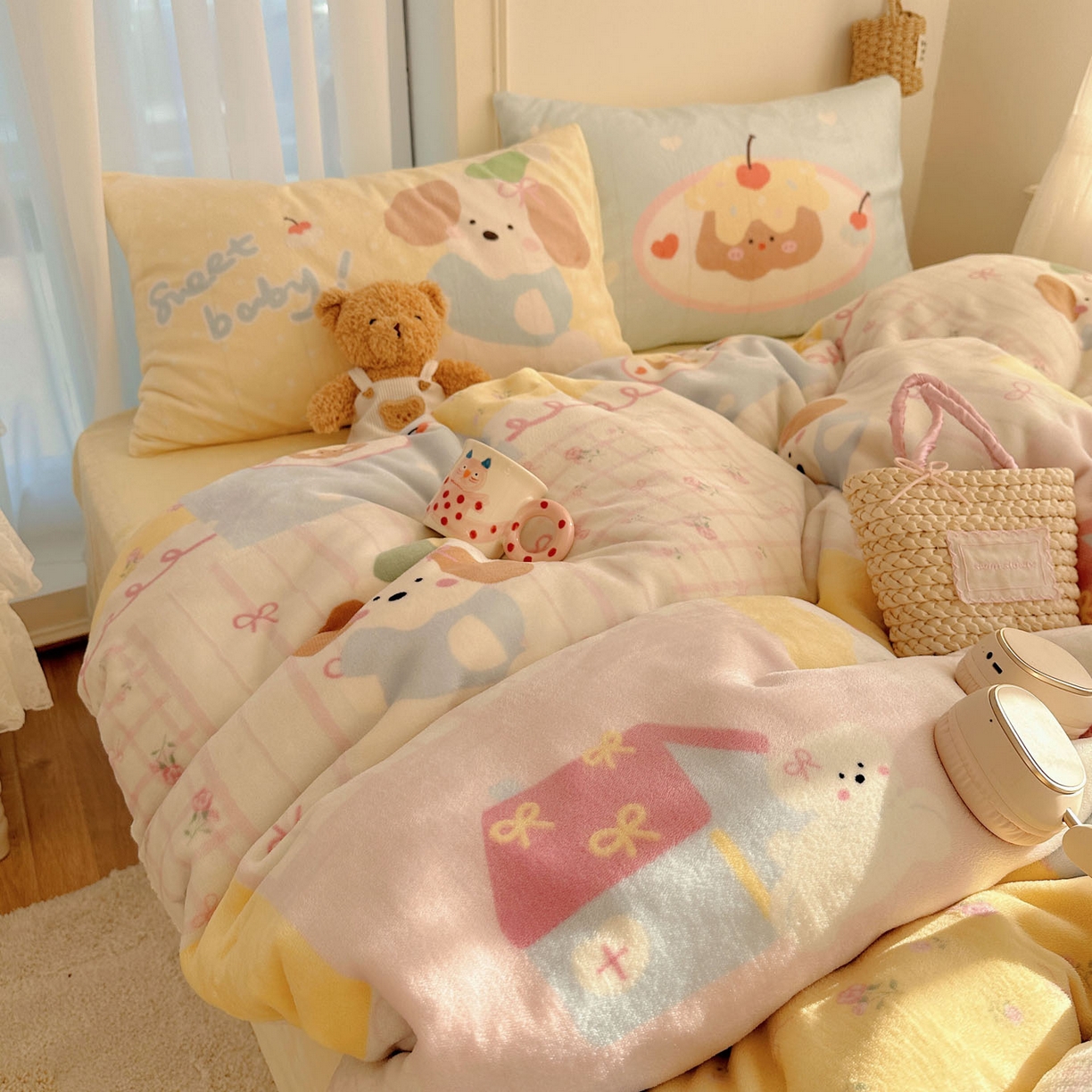 91家纺网 家纺一手货源 找家纺 美乐迪家纺 2025秋冬新款牛奶绒四件套 拼接小狗