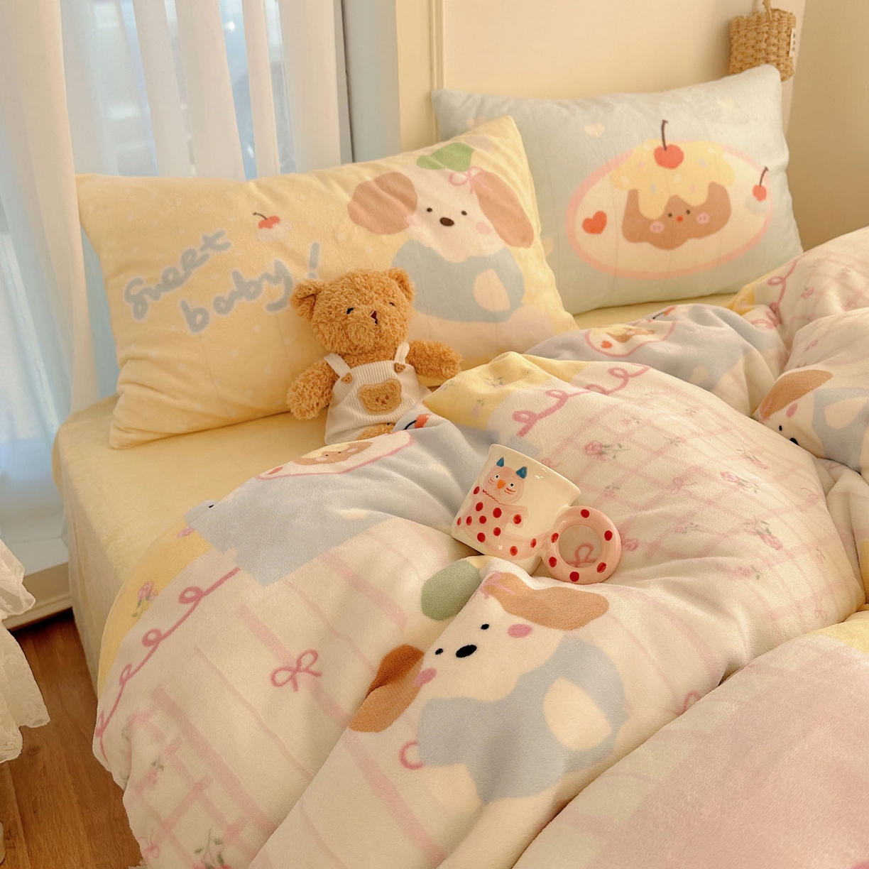 91家纺网 家纺一手货源 找家纺 美乐迪家纺 2025秋冬新款牛奶绒四件套 拼接小狗