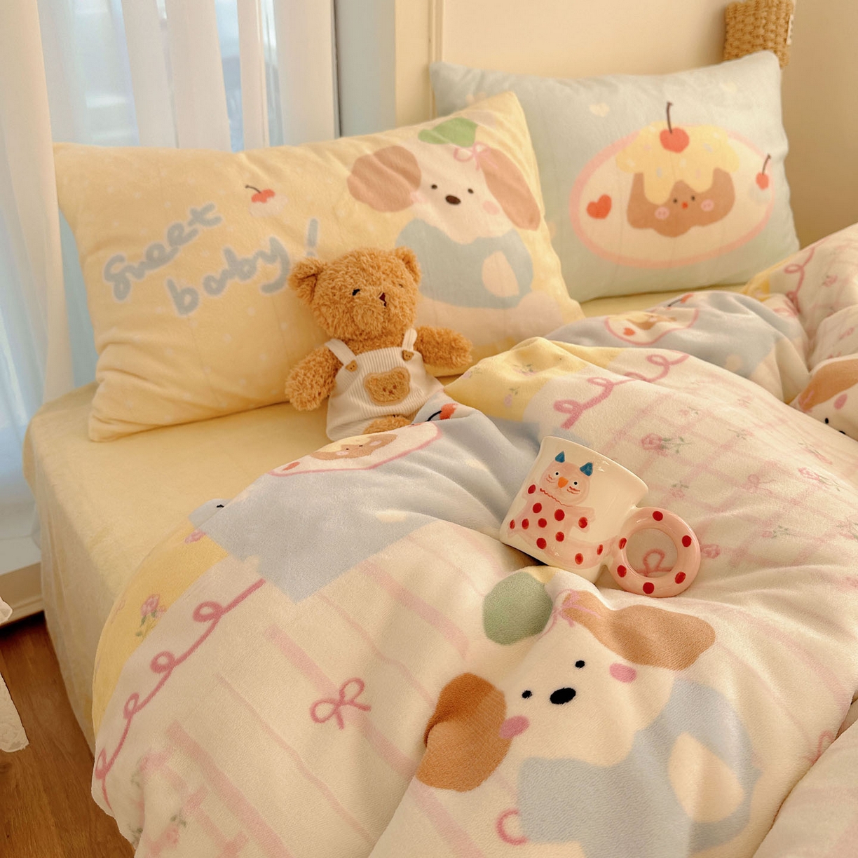 91家纺网 家纺一手货源 找家纺 美乐迪家纺 2025秋冬新款牛奶绒四件套 拼接小狗