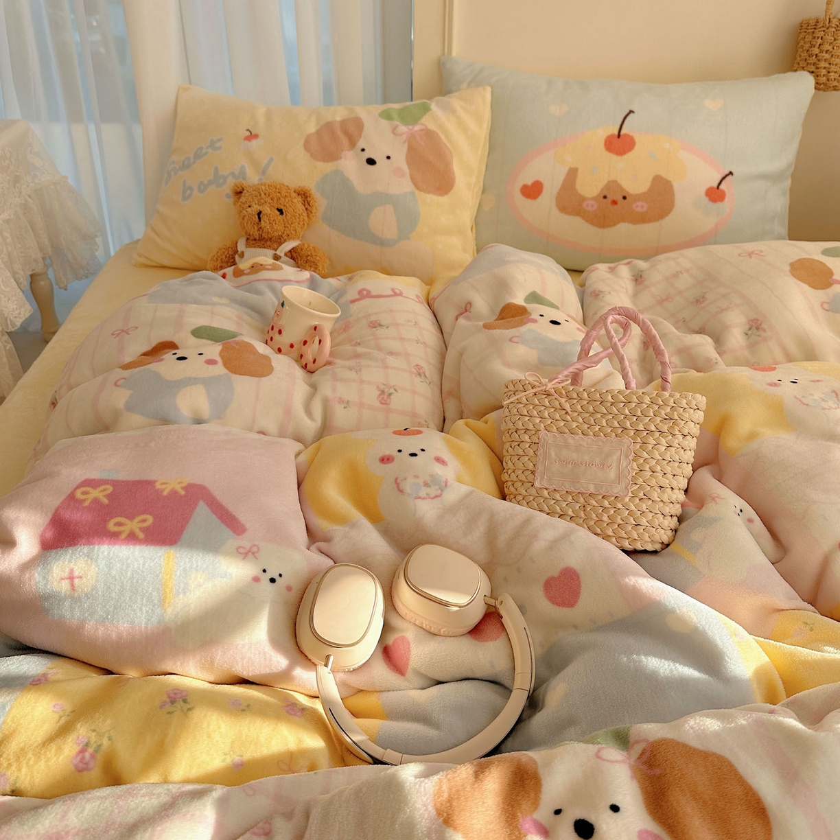 91家纺网 家纺一手货源 找家纺 美乐迪家纺 2025秋冬新款牛奶绒四件套 拼接小狗