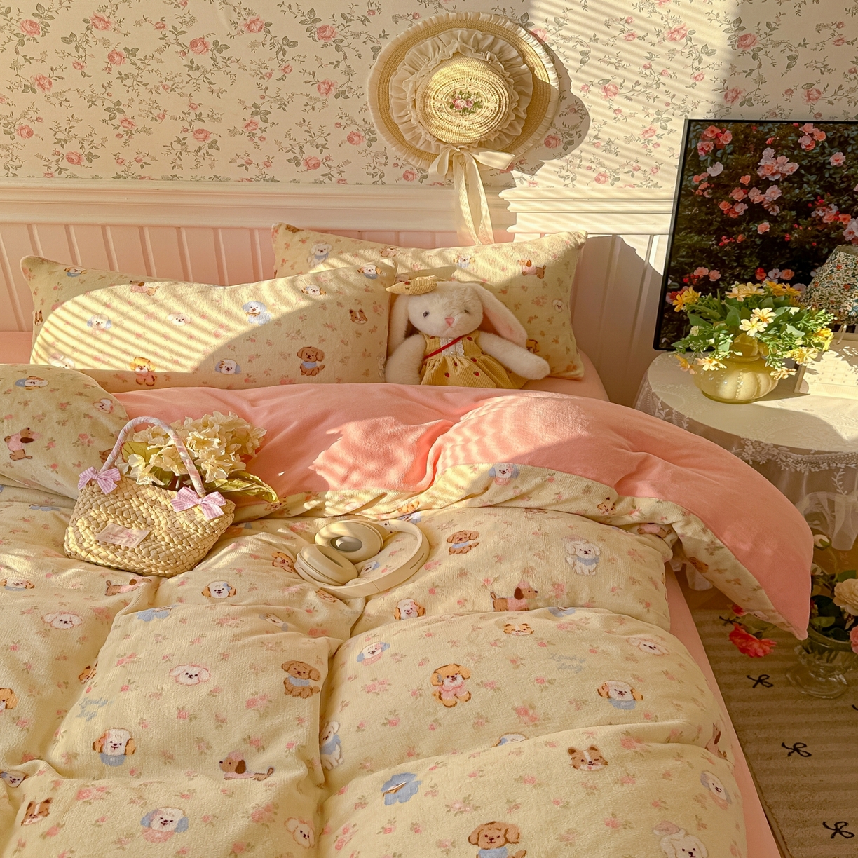 91家纺网 家纺一手货源 找家纺 韩巢家纺 2025新款高克重印花牛奶绒床品四件套 迷你小狗