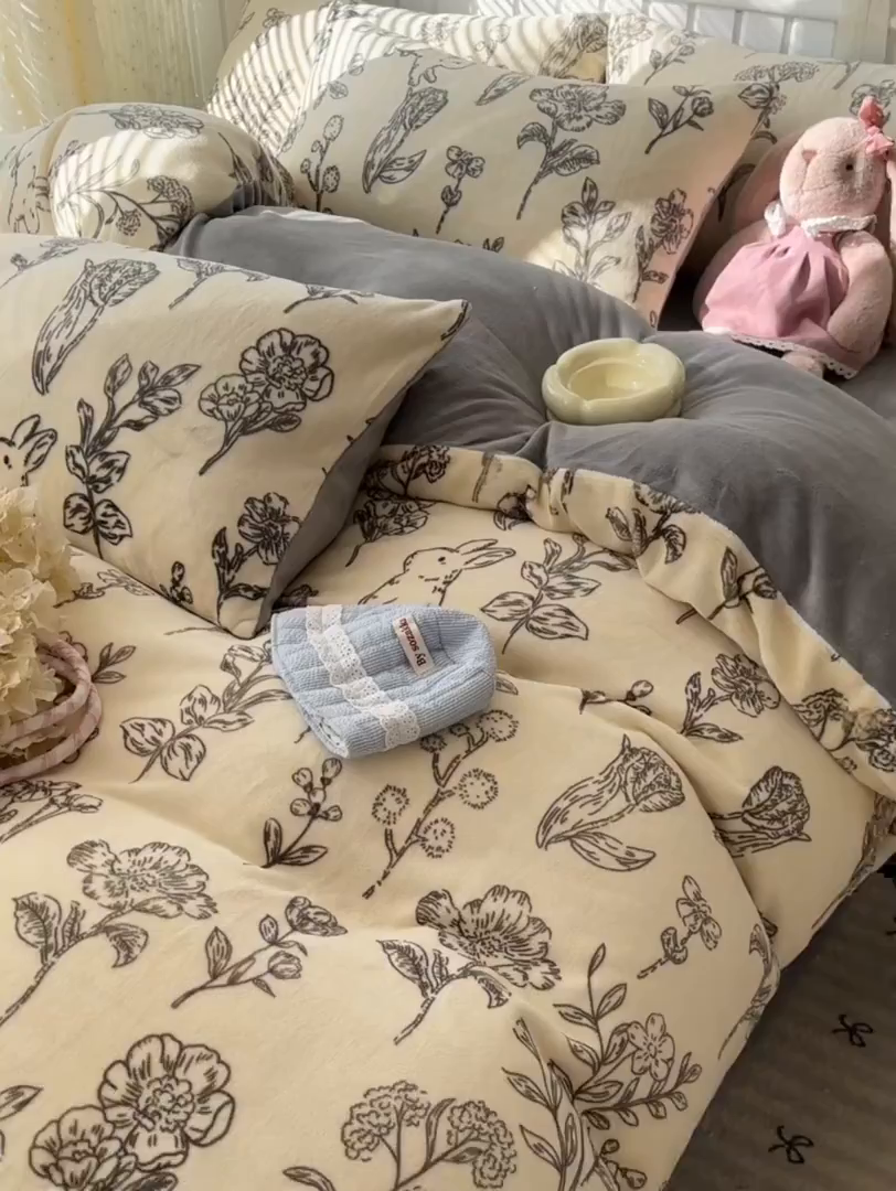 91家纺网 家纺一手货源 找家纺 韩巢家纺 2025新款高克重印花牛奶绒床品四件套 免斯基