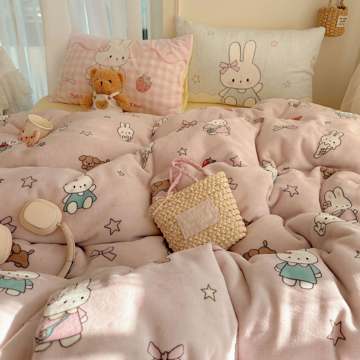 91家纺网 家纺一手货源 找家纺 美乐迪家纺 2025秋冬新款牛奶绒四件套 甜品小兔