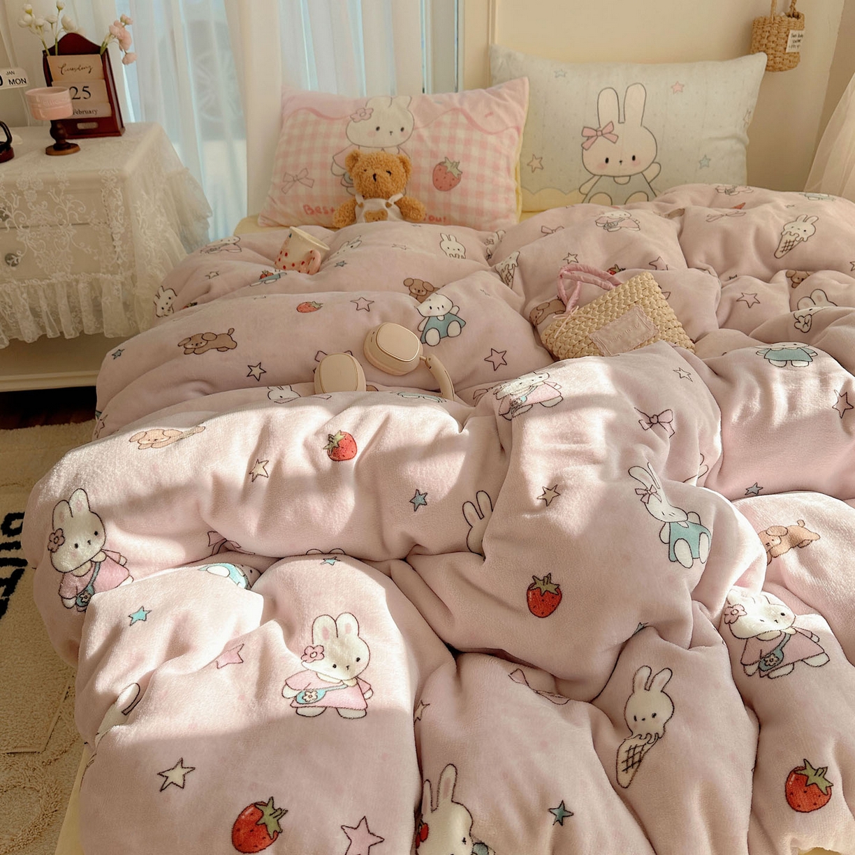 91家纺网 家纺一手货源 找家纺 美乐迪家纺 2025秋冬新款牛奶绒四件套 甜品小兔