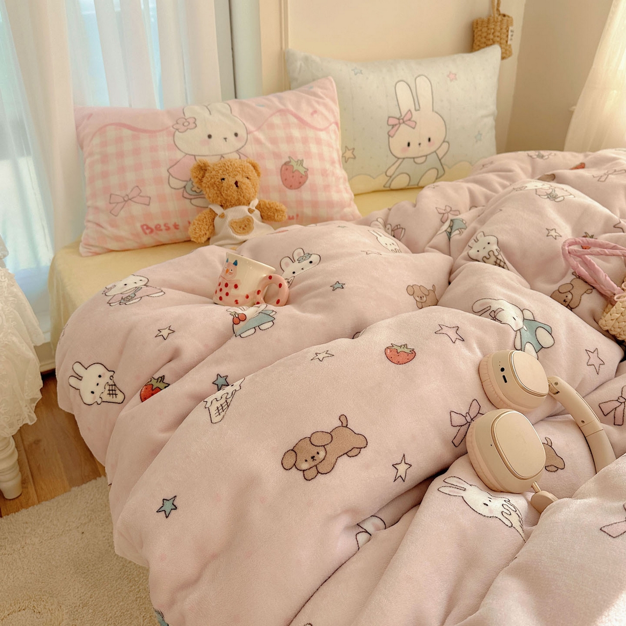 91家纺网 家纺一手货源 找家纺 美乐迪家纺 2025秋冬新款牛奶绒四件套 甜品小兔