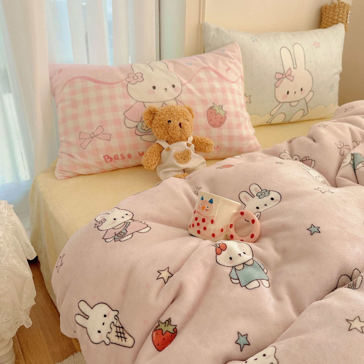 91家纺网 家纺一手货源 找家纺 美乐迪家纺 2025秋冬新款牛奶绒四件套 甜品小兔