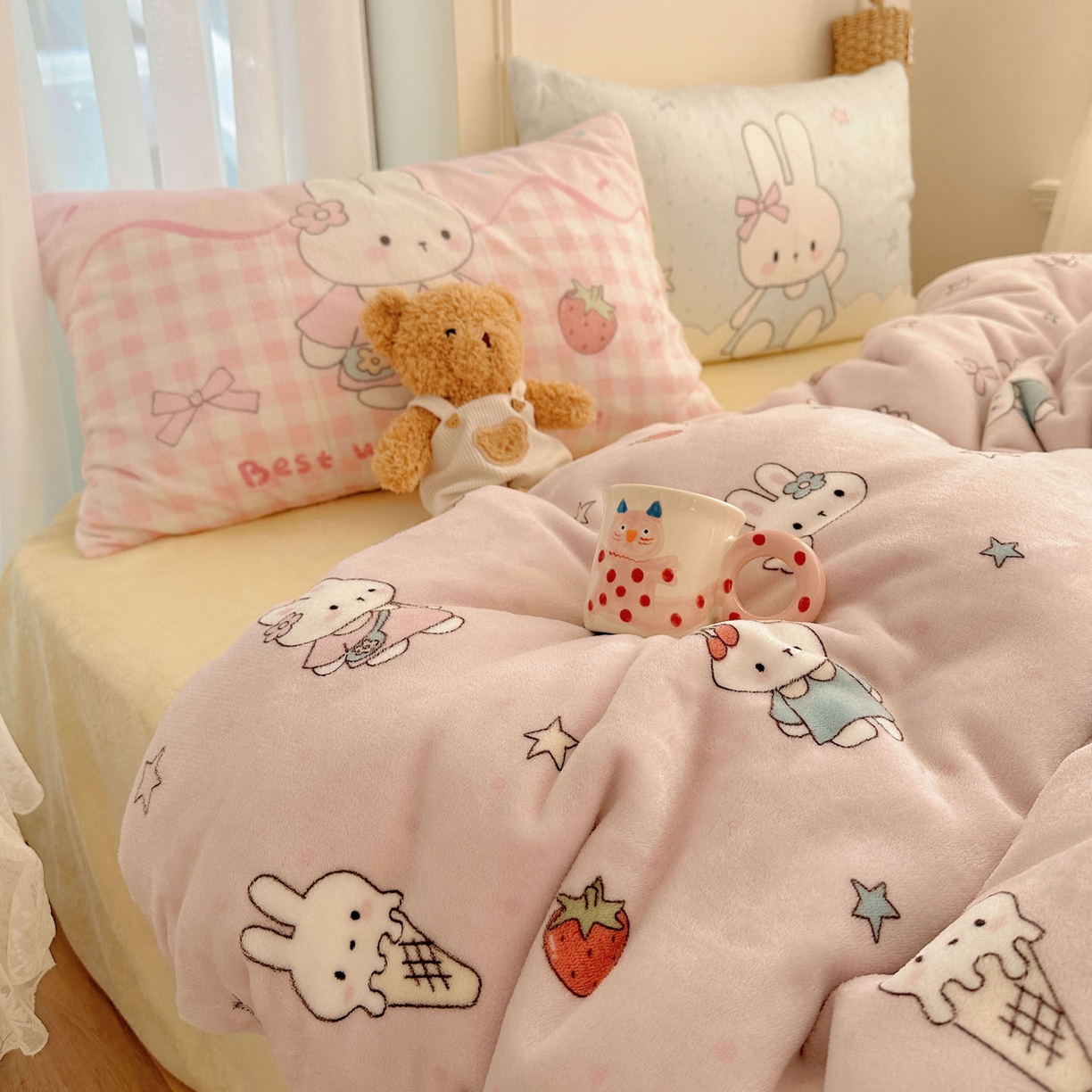 91家纺网 家纺一手货源 找家纺 美乐迪家纺 2025秋冬新款牛奶绒四件套 甜品小兔