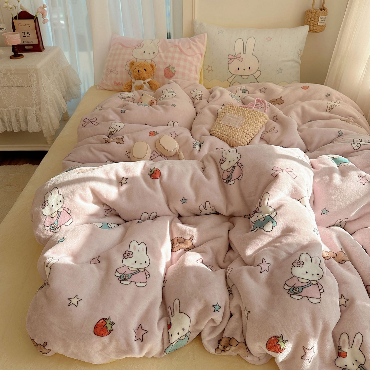 91家纺网 家纺一手货源 找家纺 美乐迪家纺 2025秋冬新款牛奶绒四件套 甜品小兔