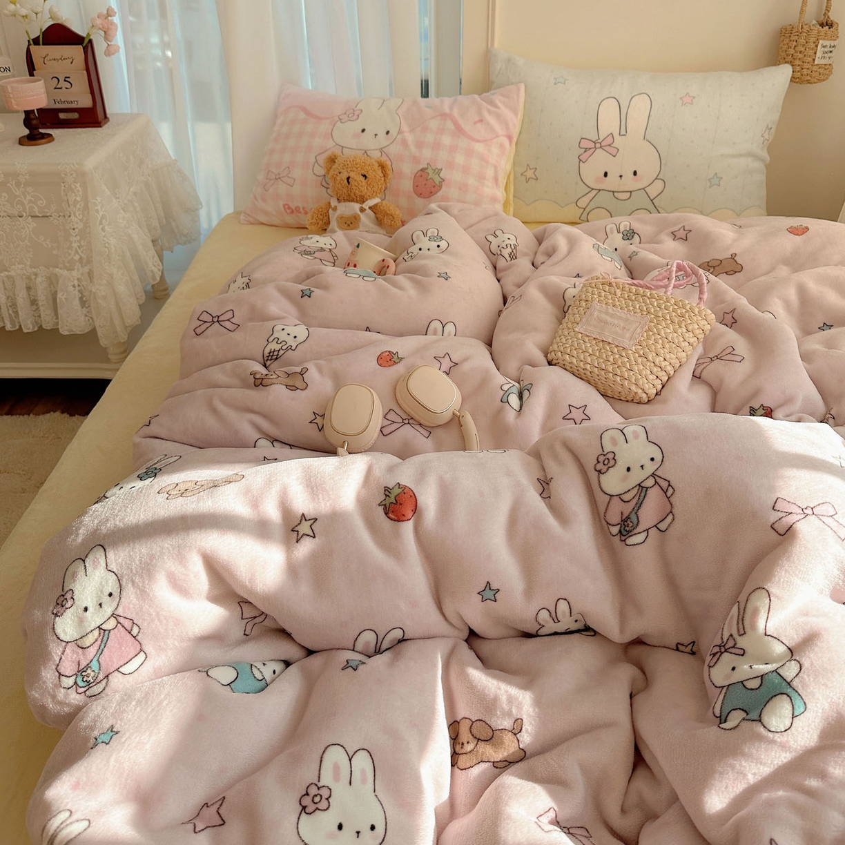 91家纺网 家纺一手货源 找家纺 美乐迪家纺 2025秋冬新款牛奶绒四件套 甜品小兔