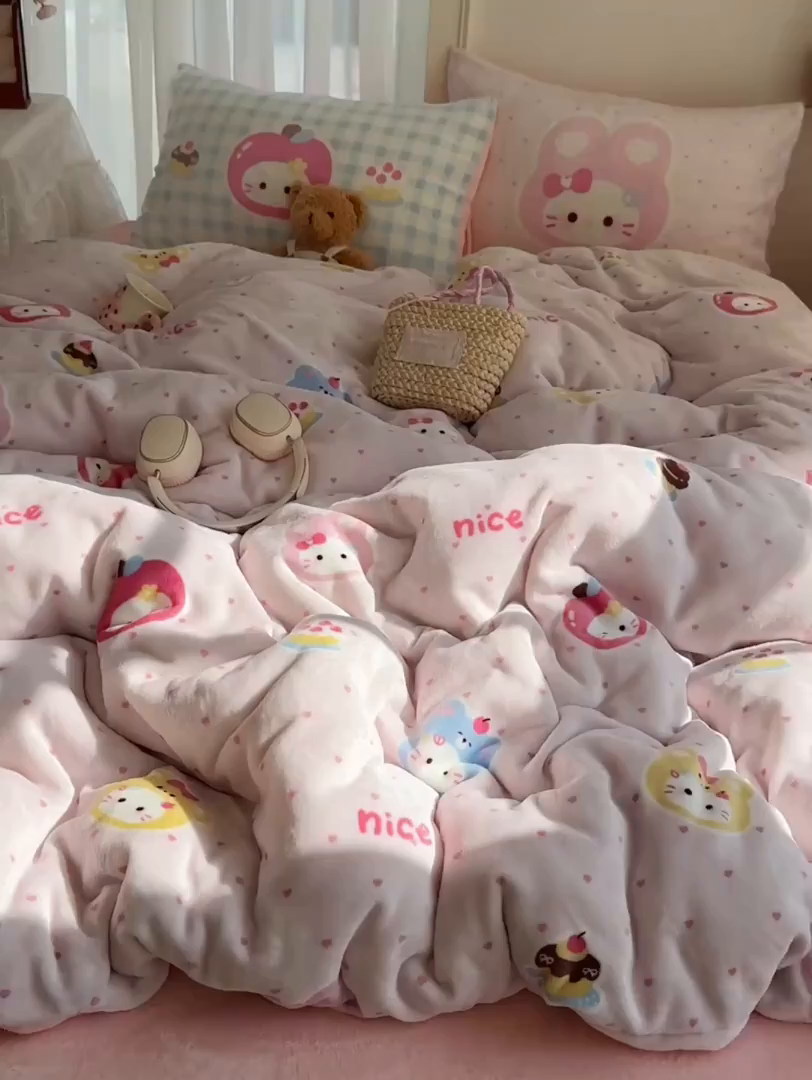 91家纺网 家纺一手货源 找家纺 美乐迪家纺 2025秋冬新款牛奶绒四件套 甜心派对