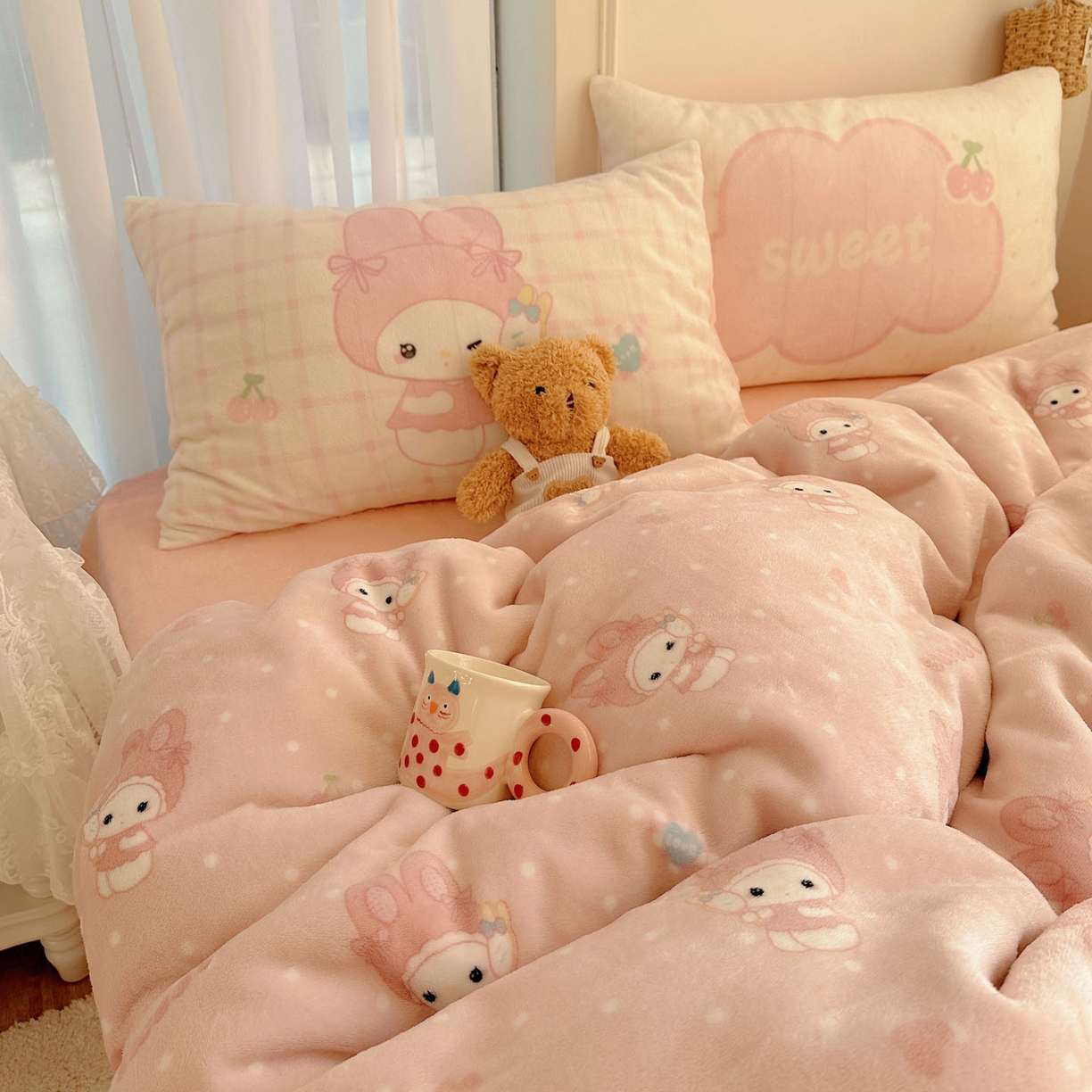 91家纺网 家纺一手货源 找家纺 美乐迪家纺 2025秋冬新款牛奶绒四件套 头套小兔