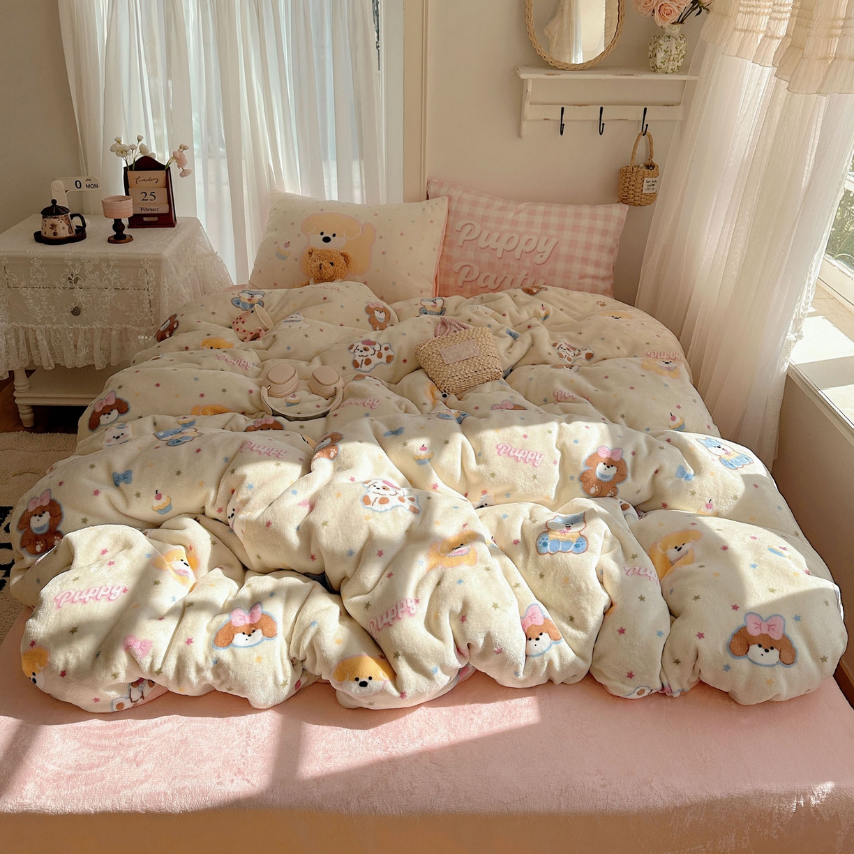 美乐迪家纺 2025秋冬新款牛奶绒四件套 许愿小狗