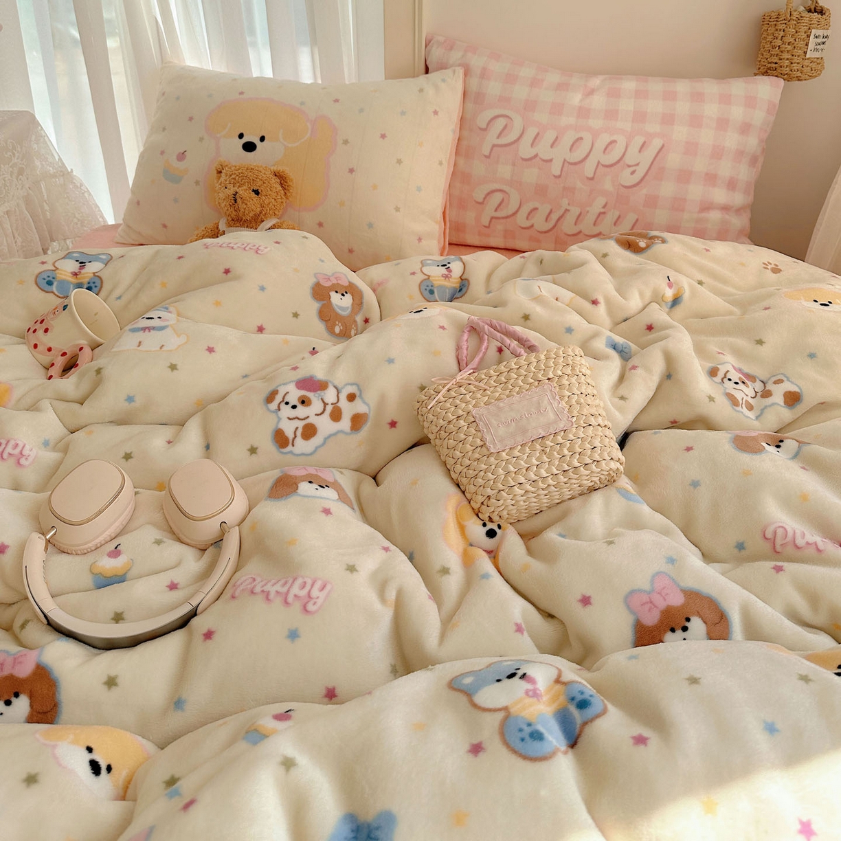 91家纺网 家纺一手货源 找家纺 美乐迪家纺 2025秋冬新款牛奶绒四件套 许愿小狗