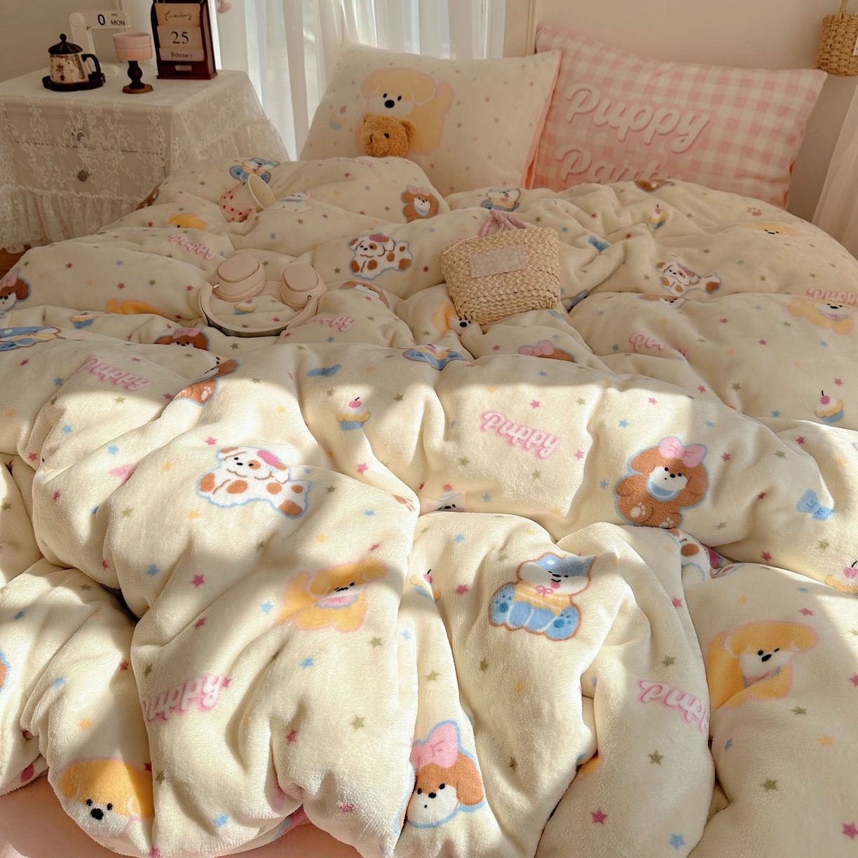 91家纺网 家纺一手货源 找家纺 美乐迪家纺 2025秋冬新款牛奶绒四件套 许愿小狗