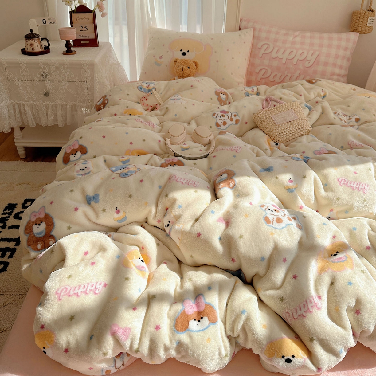 91家纺网 家纺一手货源 找家纺 美乐迪家纺 2025秋冬新款牛奶绒四件套 许愿小狗