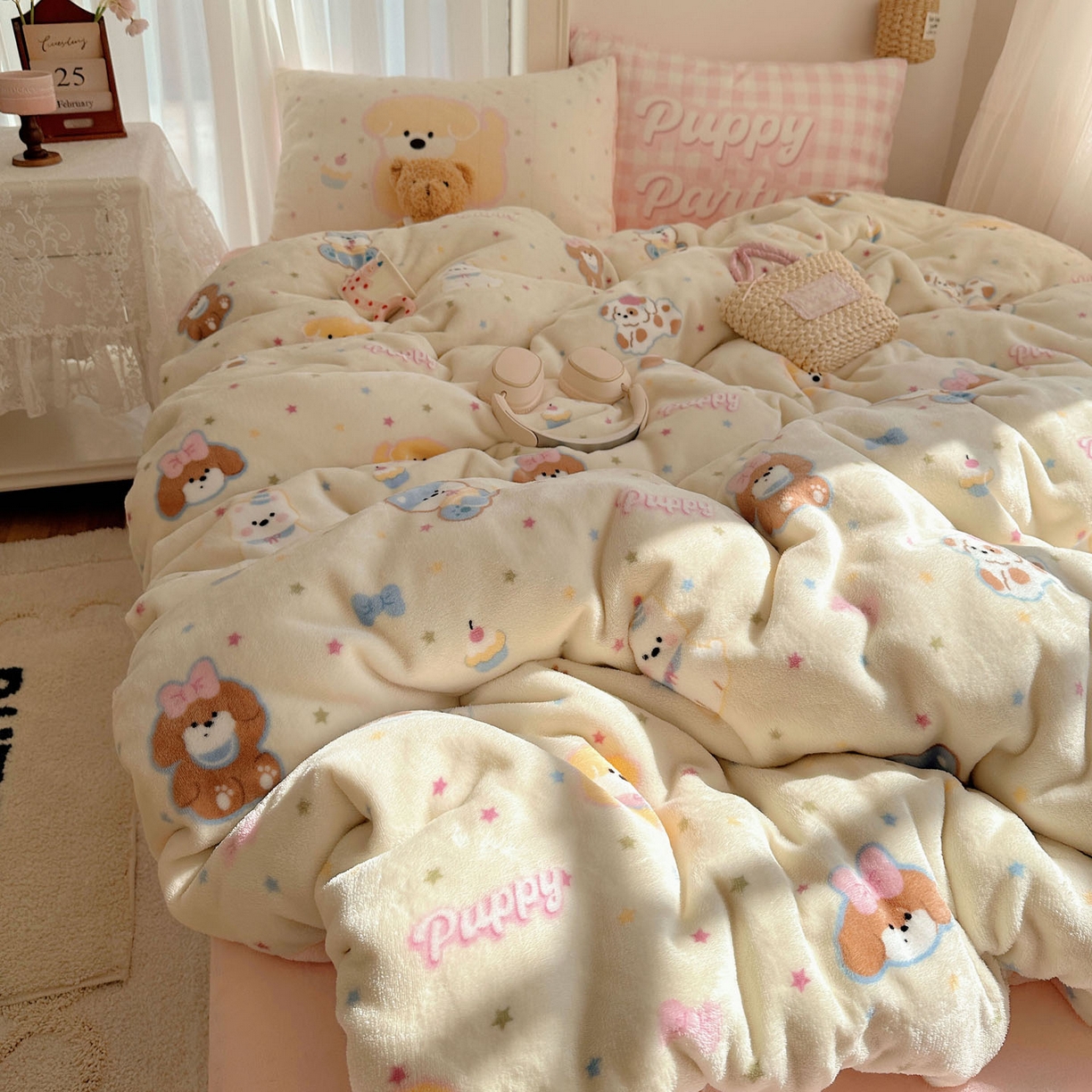 91家纺网 家纺一手货源 找家纺 美乐迪家纺 2025秋冬新款牛奶绒四件套 许愿小狗