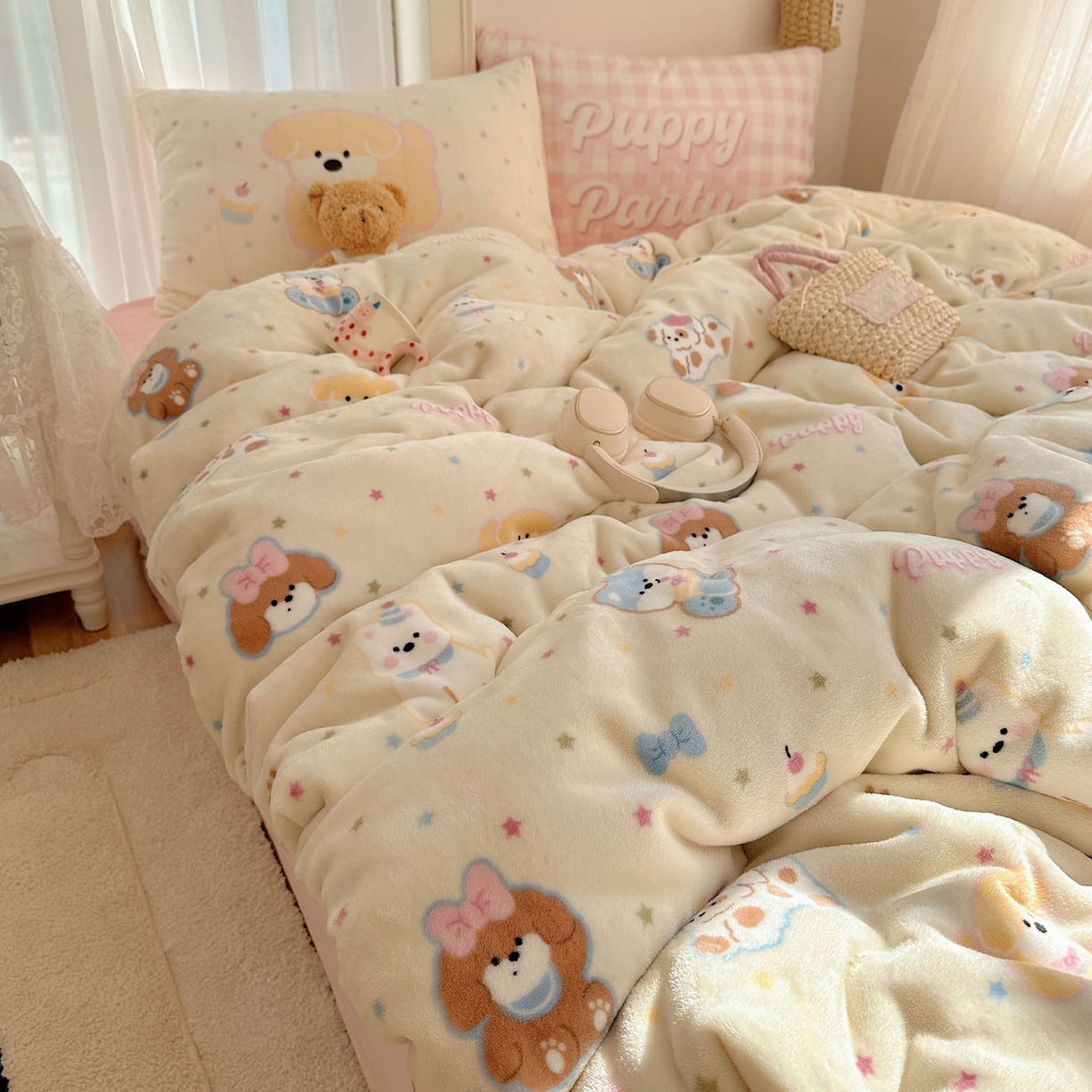 91家纺网 家纺一手货源 找家纺 美乐迪家纺 2025秋冬新款牛奶绒四件套 许愿小狗