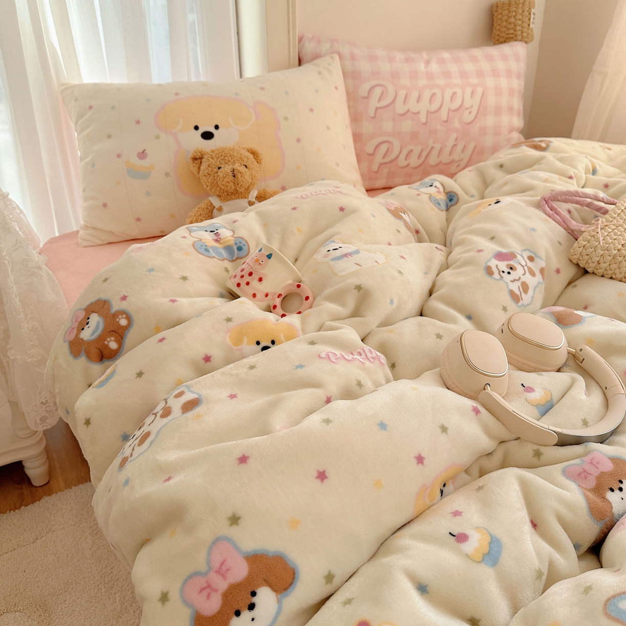 91家纺网 家纺一手货源 找家纺 美乐迪家纺 2025秋冬新款牛奶绒四件套 许愿小狗