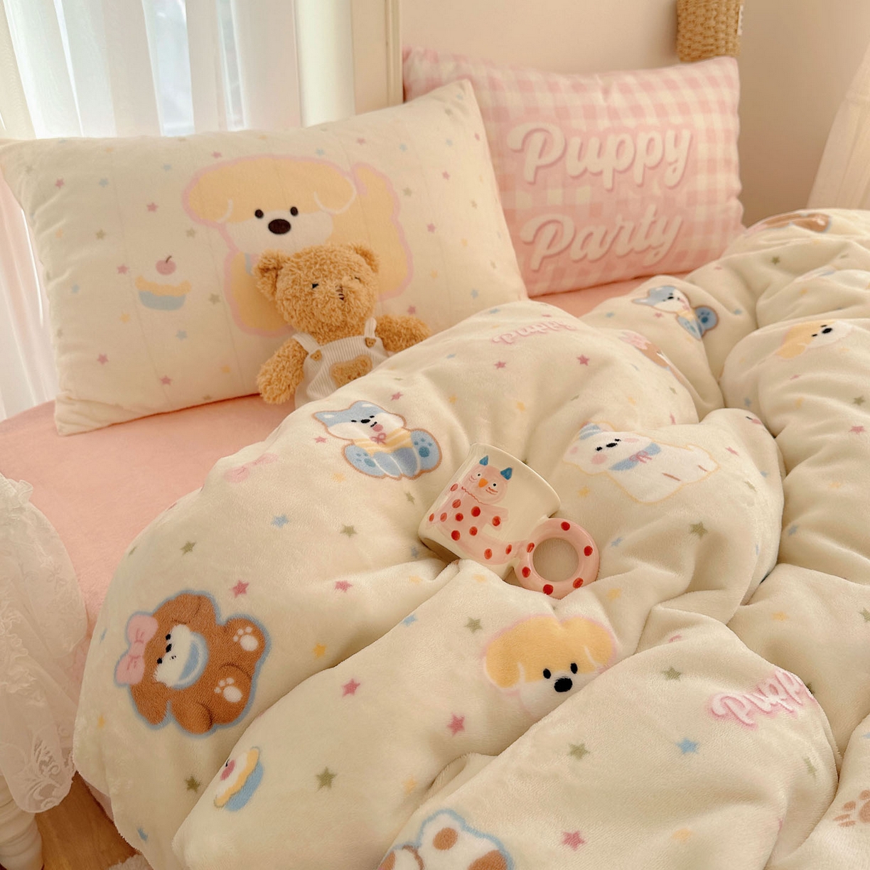 91家纺网 家纺一手货源 找家纺 美乐迪家纺 2025秋冬新款牛奶绒四件套 许愿小狗