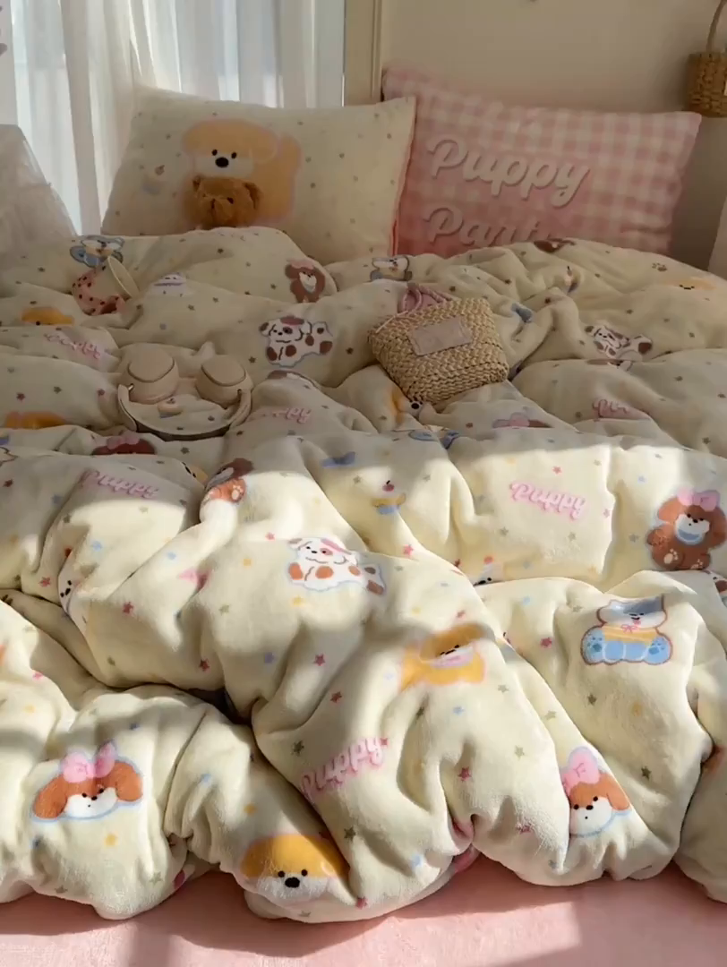 91家纺网 家纺一手货源 找家纺 美乐迪家纺 2025秋冬新款牛奶绒四件套 许愿小狗