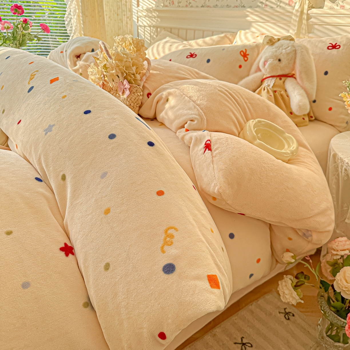 韩巢家纺 2025新款高克重印花牛奶绒床品四件套 五彩斑澜