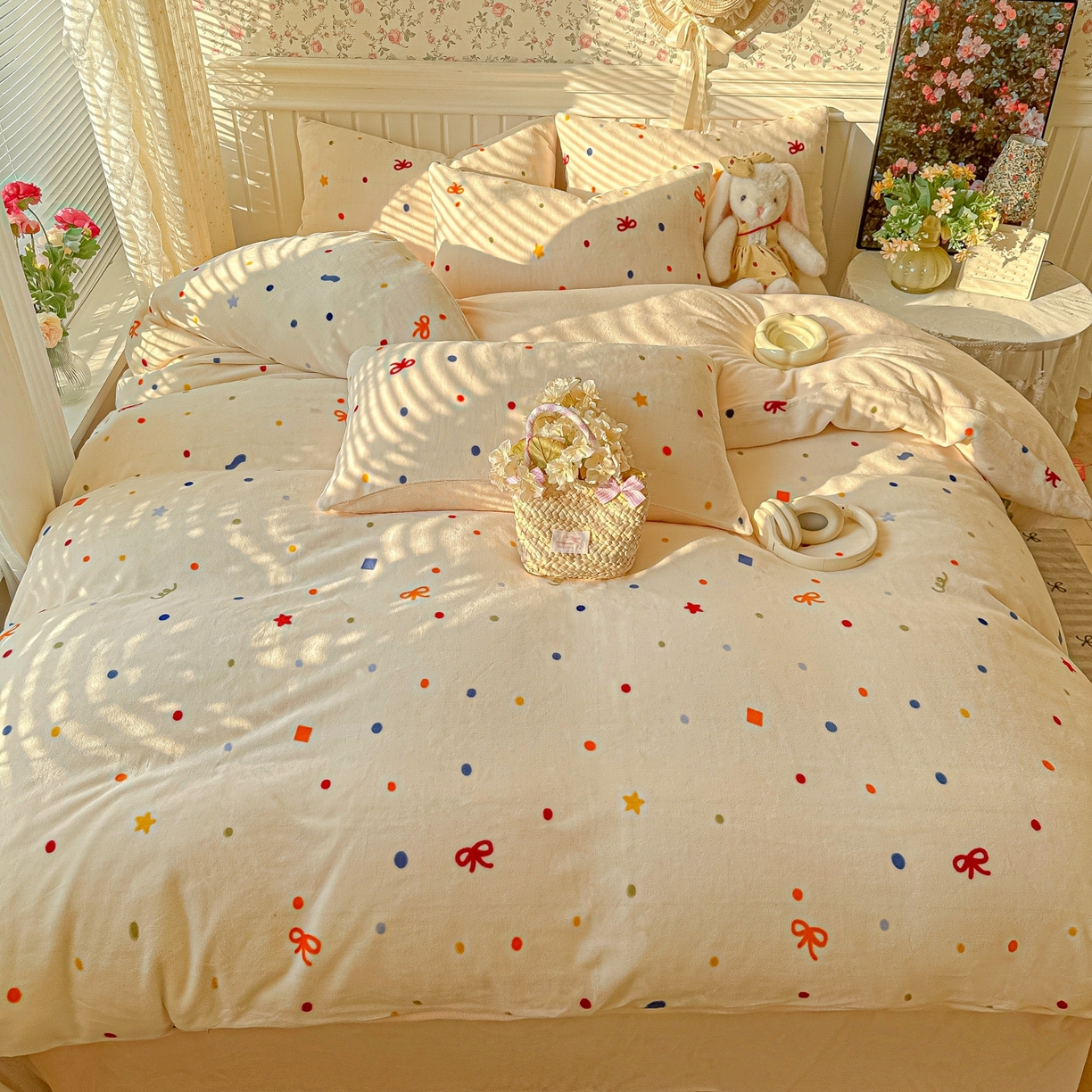 91家纺网 家纺一手货源 找家纺 韩巢家纺 2025新款高克重印花牛奶绒床品四件套 五彩斑澜