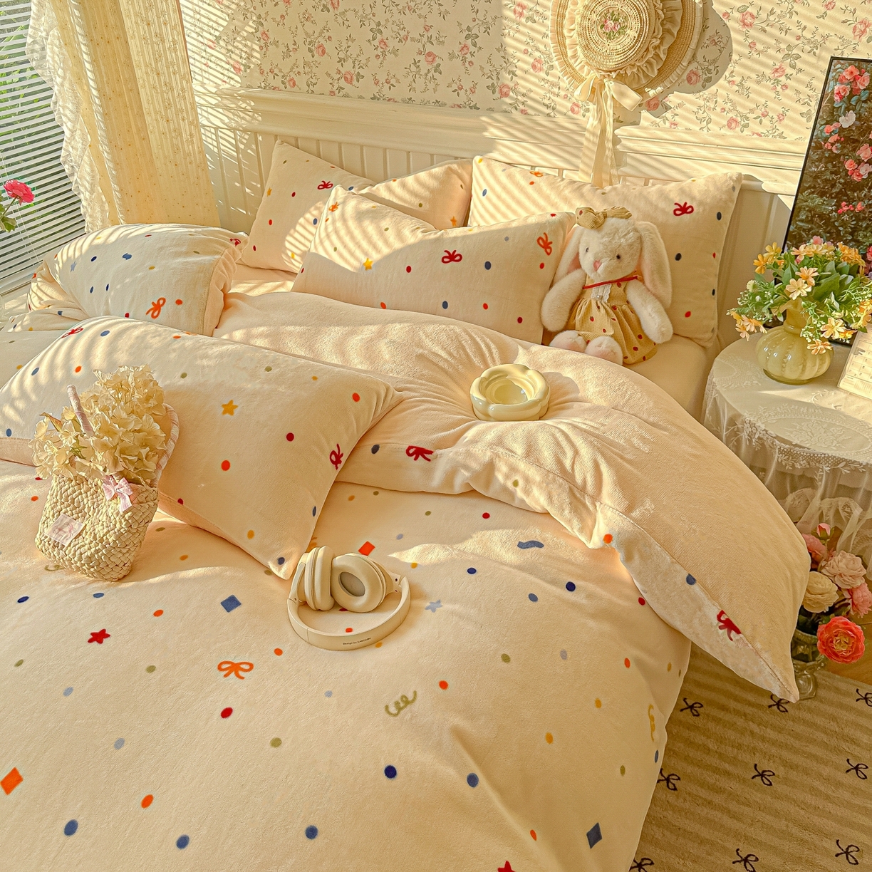 91家纺网 家纺一手货源 找家纺 韩巢家纺 2025新款高克重印花牛奶绒床品四件套 五彩斑澜