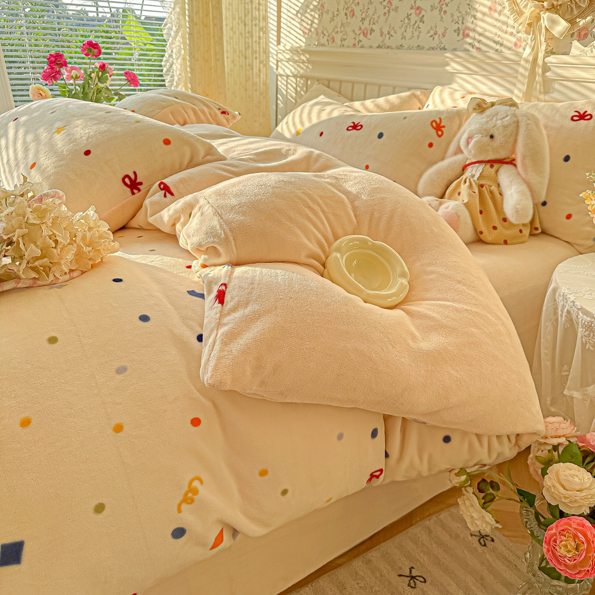 91家纺网 家纺一手货源 找家纺 韩巢家纺 2025新款高克重印花牛奶绒床品四件套 五彩斑澜