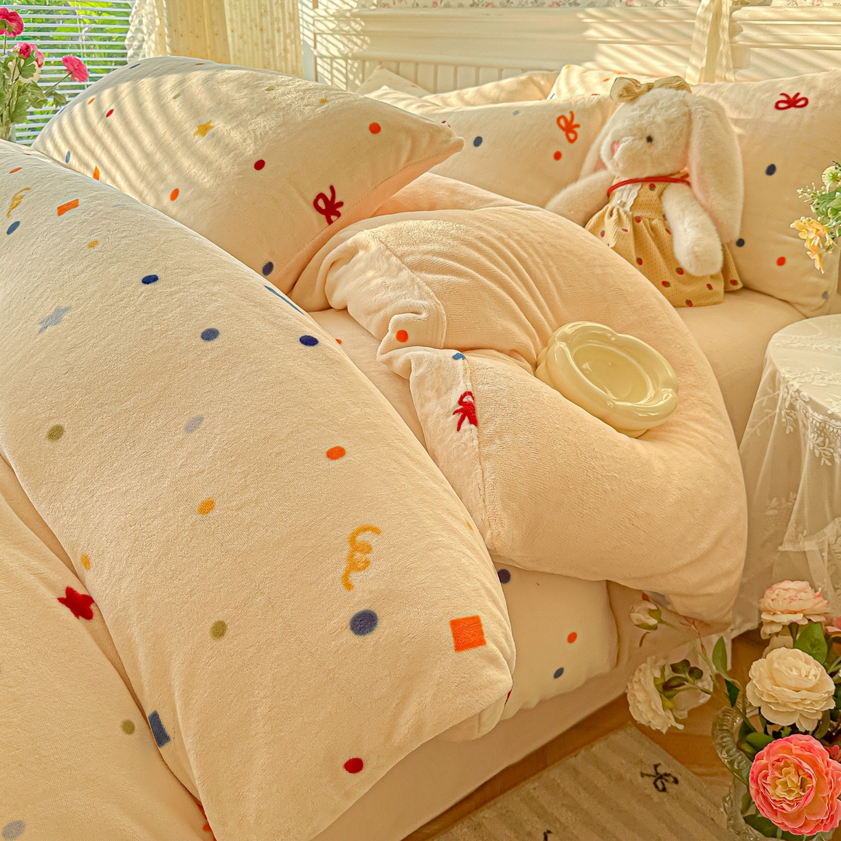 91家纺网 家纺一手货源 找家纺 韩巢家纺 2025新款高克重印花牛奶绒床品四件套 五彩斑澜