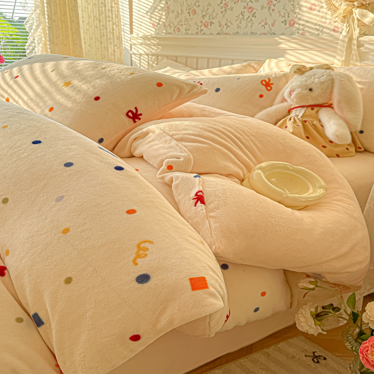 91家纺网 家纺一手货源 找家纺 韩巢家纺 2025新款高克重印花牛奶绒床品四件套 五彩斑澜