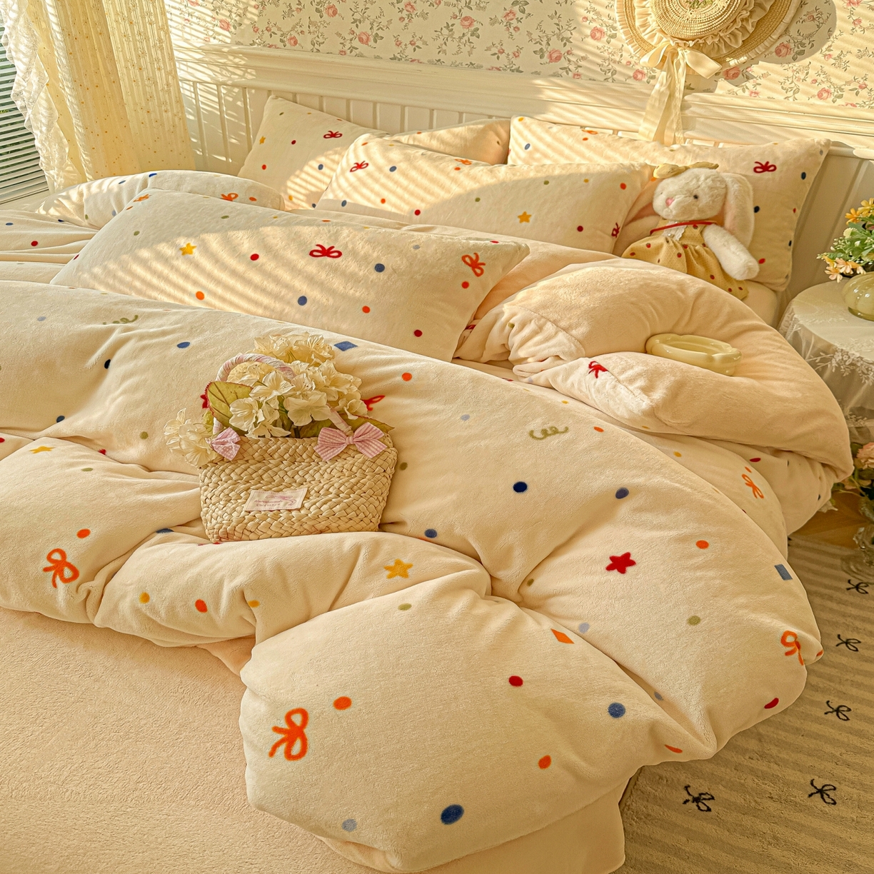 91家纺网 家纺一手货源 找家纺 韩巢家纺 2025新款高克重印花牛奶绒床品四件套 五彩斑澜