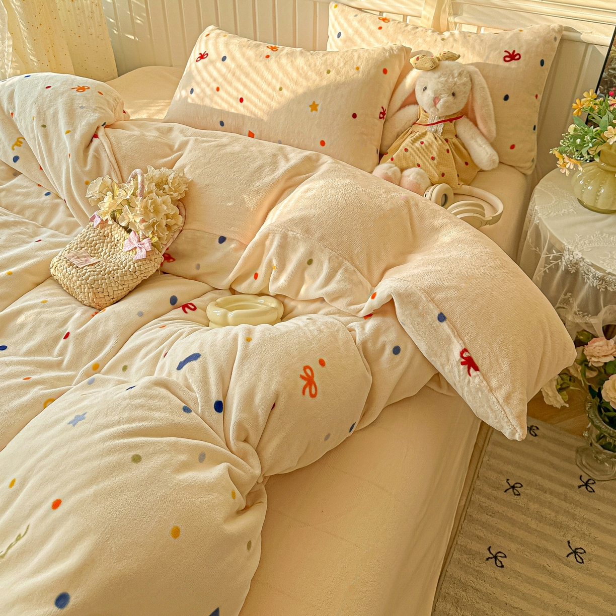 91家纺网 家纺一手货源 找家纺 韩巢家纺 2025新款高克重印花牛奶绒床品四件套 五彩斑澜