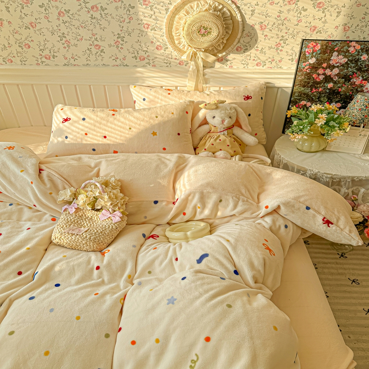 91家纺网 家纺一手货源 找家纺 韩巢家纺 2025新款高克重印花牛奶绒床品四件套 五彩斑澜