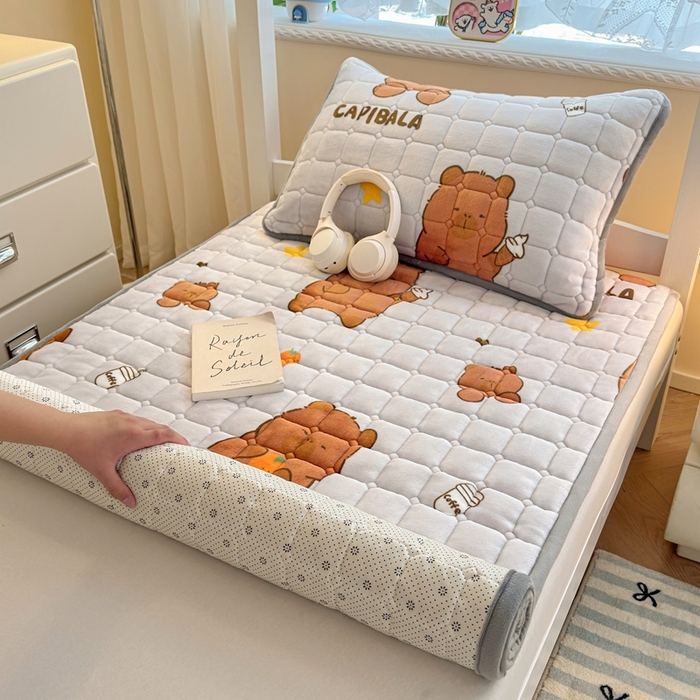 91家纺网 家纺一手货源 找家纺 雅萱家纺 2025新款牛奶绒夹棉印花床垫学生图 绒床垫-奶茶屯屯灰