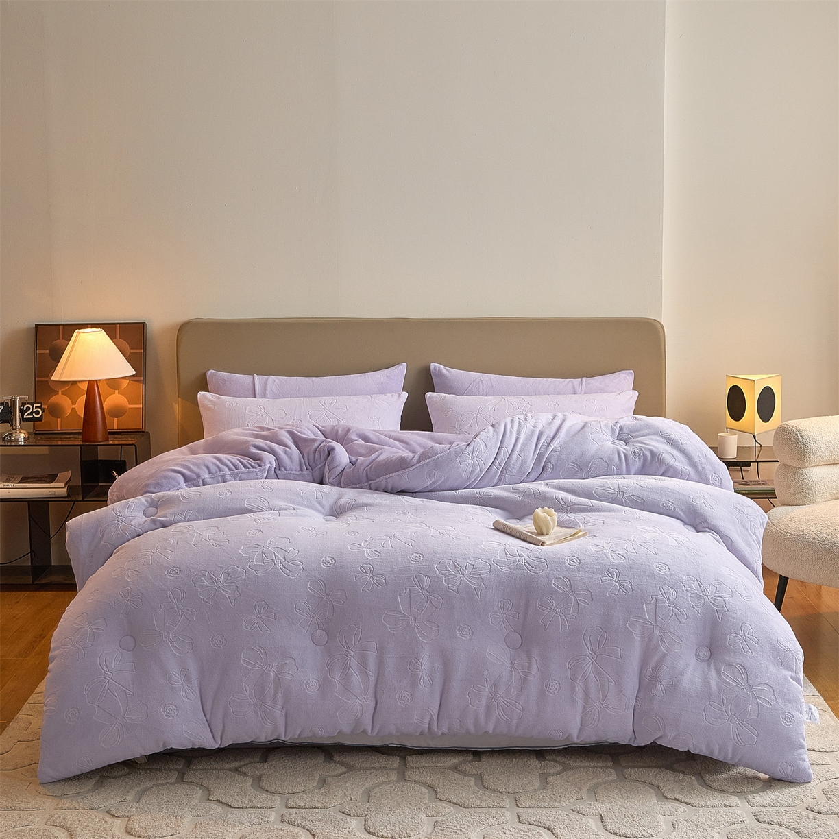 91家纺网 家纺一手货源 找家纺 换种生活 2025新款A类立体雕花绒冬被被子被芯 蝴蝶结-香芋紫