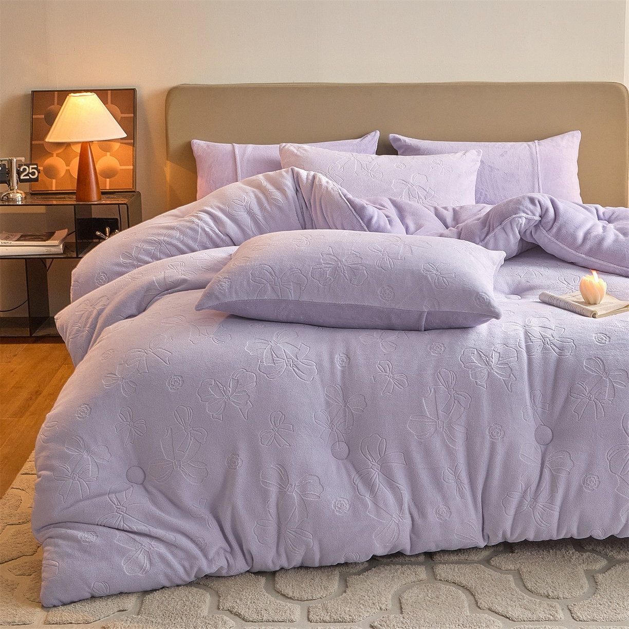 91家纺网 家纺一手货源 找家纺 换种生活 2025新款A类立体雕花绒冬被被子被芯 蝴蝶结-香芋紫